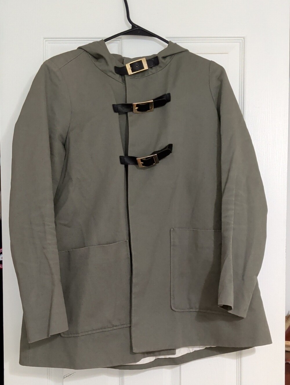 Maje Olive Green Hooded Coat with Black Strap Buckles